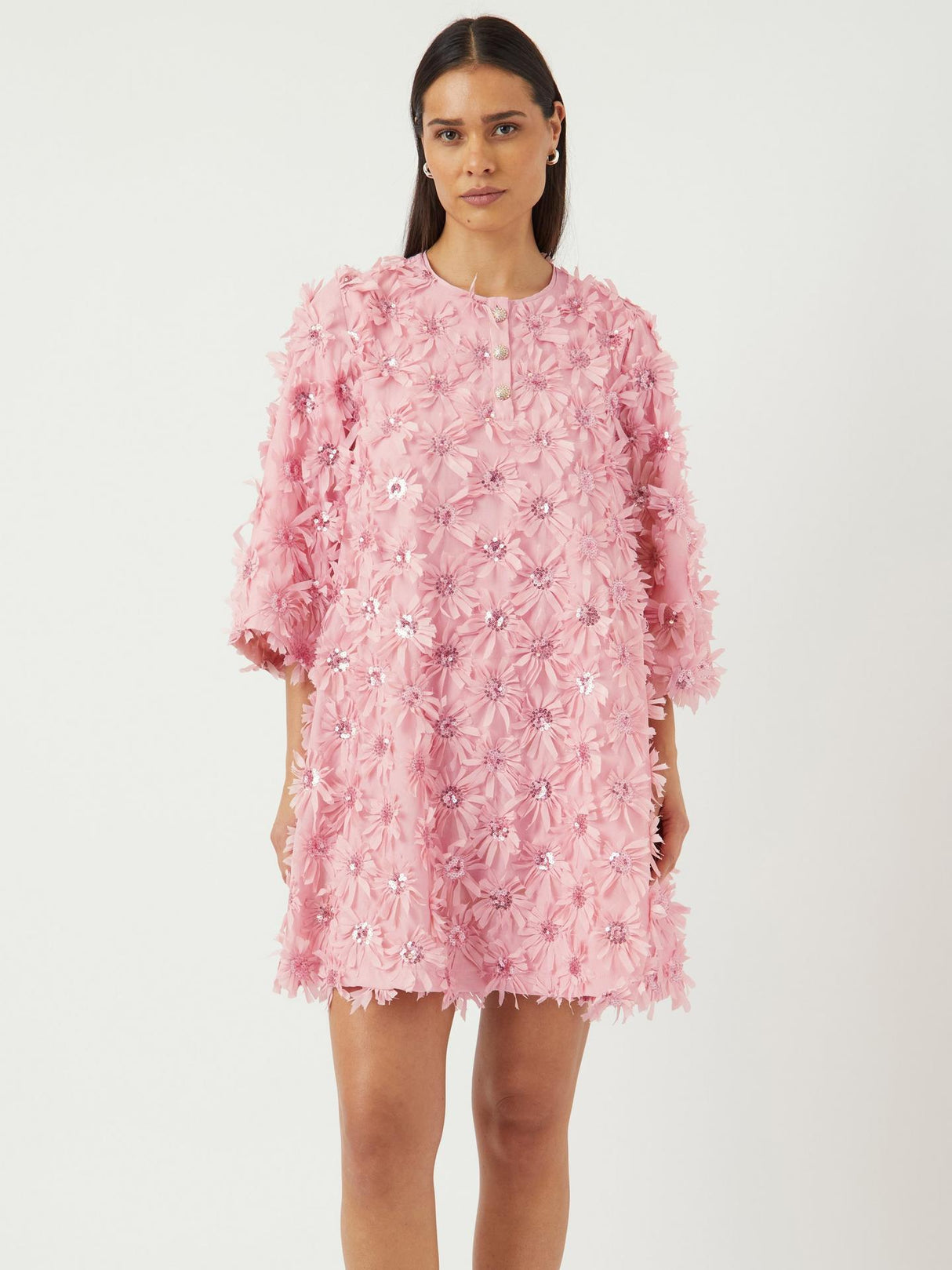 YAS Abelone Flower Applique Three Quarter Sleeve Mini Dress - Pink - UK 6