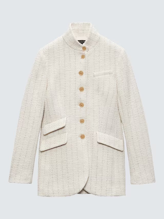 rag & bone Women's Slade High Neck Tweed Button Up Cotton Coat - White UK 8