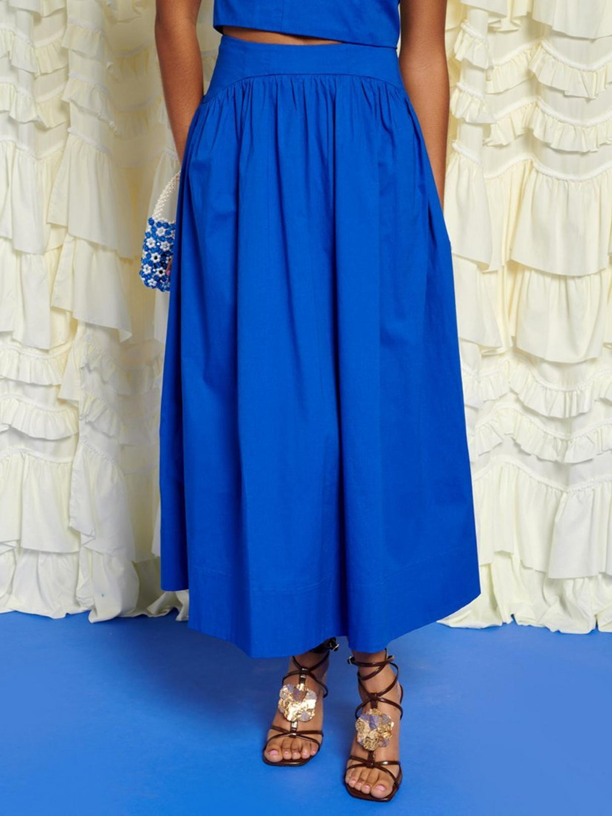 Sister Jane Women's High Waist A Line Cotton Blend Midi Skirt - Blue - UK 14