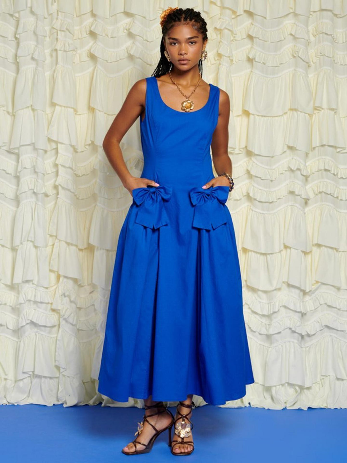 Sister Jane Womens Sleeveless Bow Detail Cotton Blend Midi Dress Blue Size 6