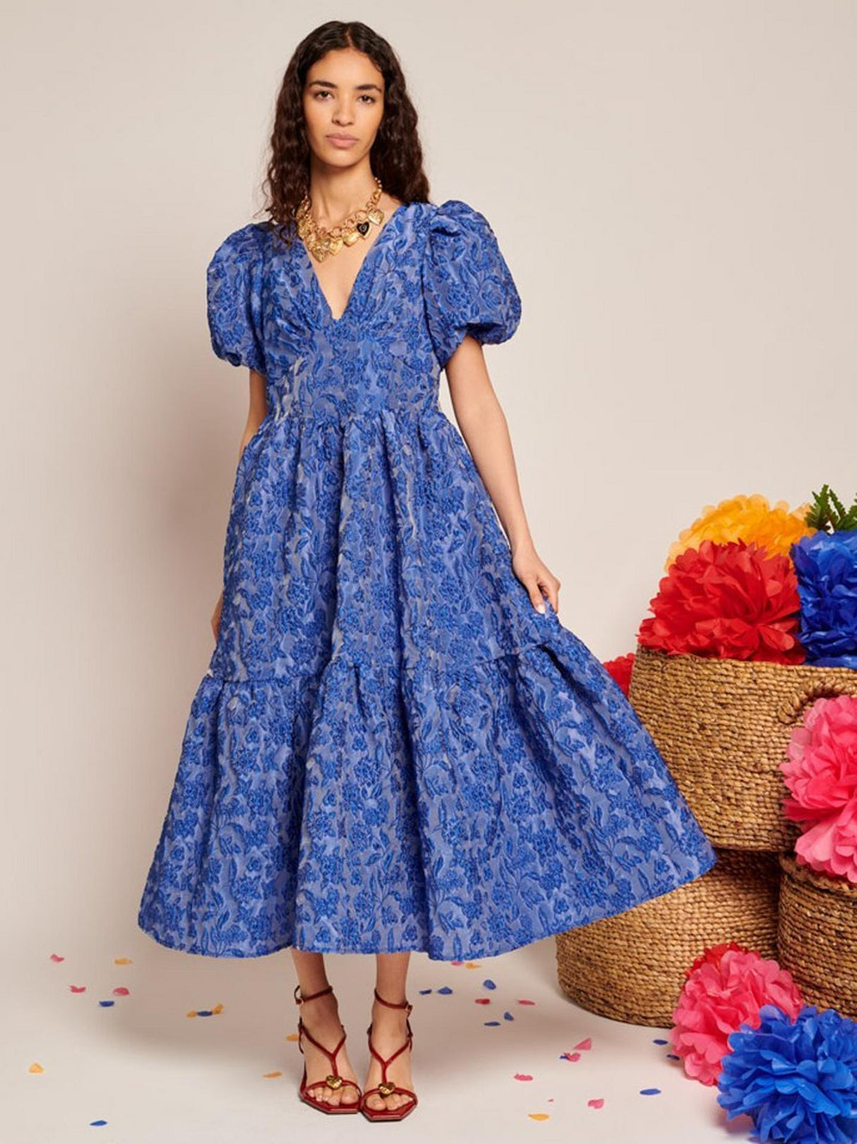 Sister Jane Floral Jacquard Polyester Midi Womens Dress - Blue - Size 16