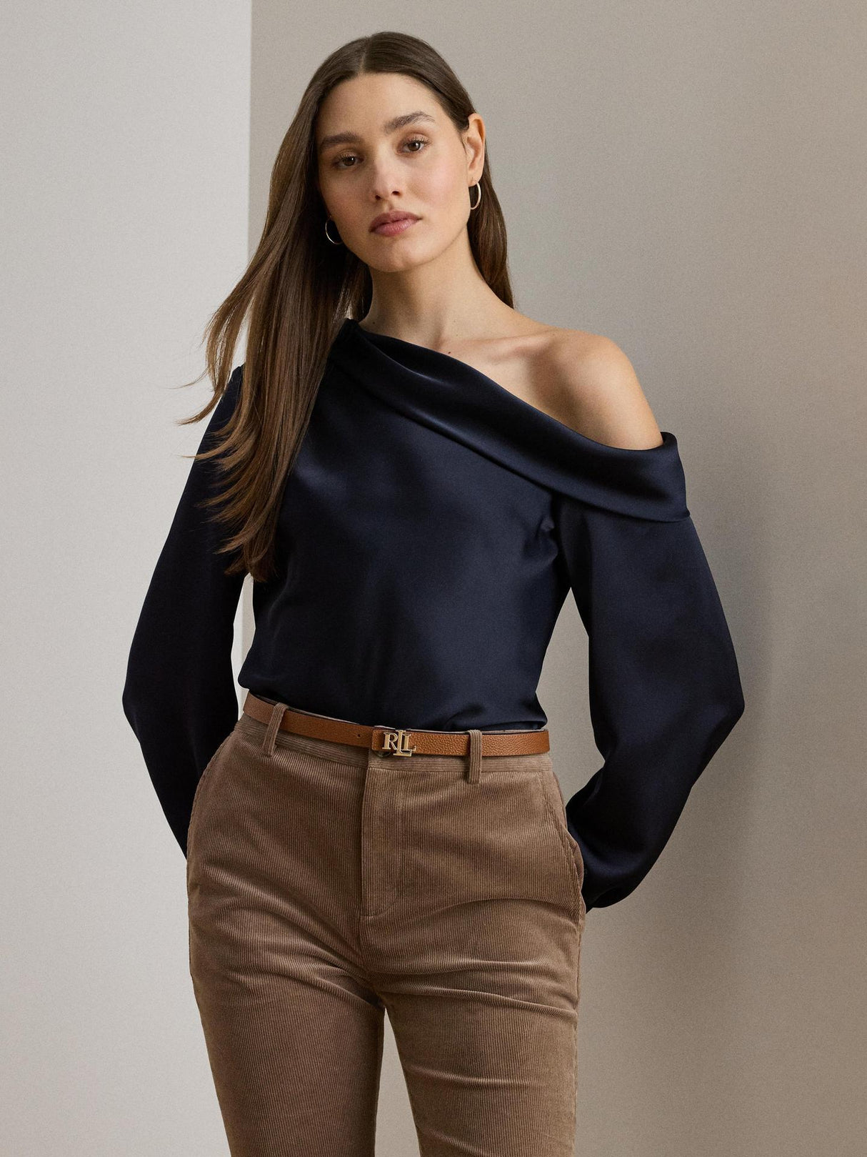 Ralph Lauren Zamiel Satin Charmeuse Navy Asymmetric One Shoulder Blouse - L