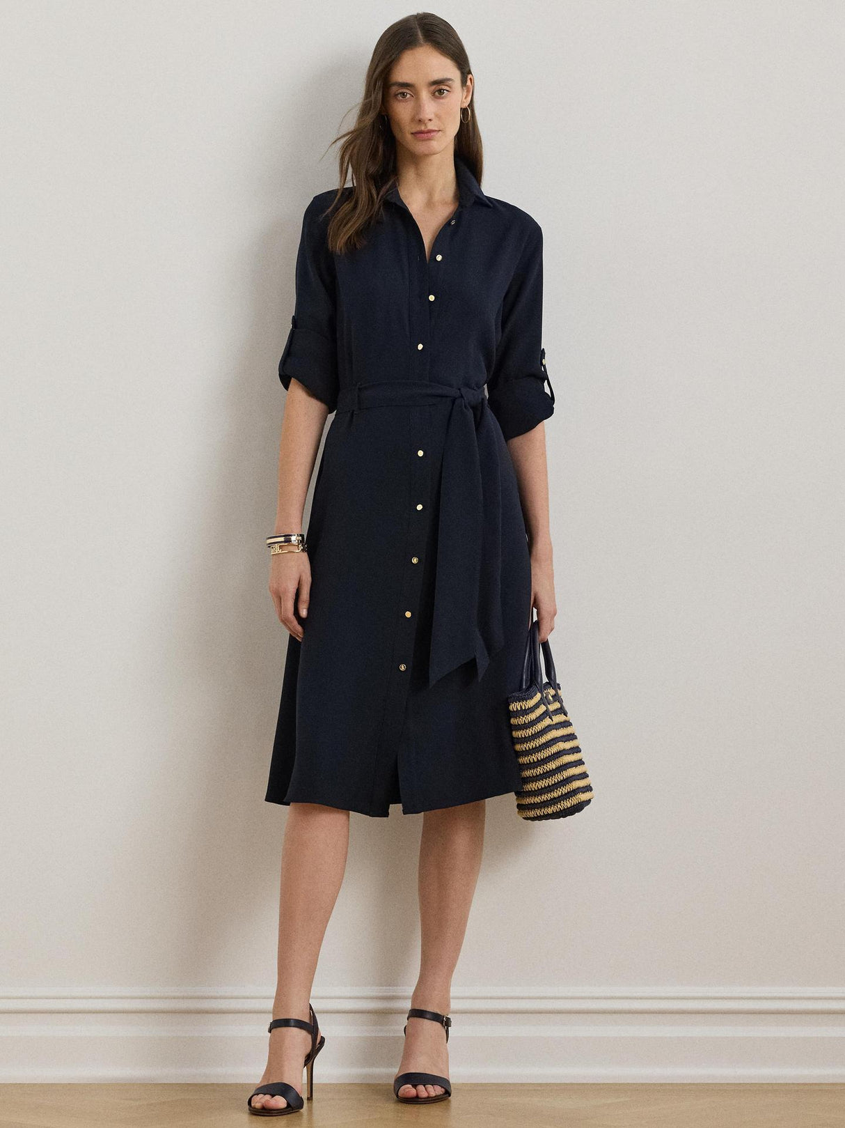 Ralph Lauren Karalynn Women Belted Polyester Shirt Dress Lauren Navy Size 10