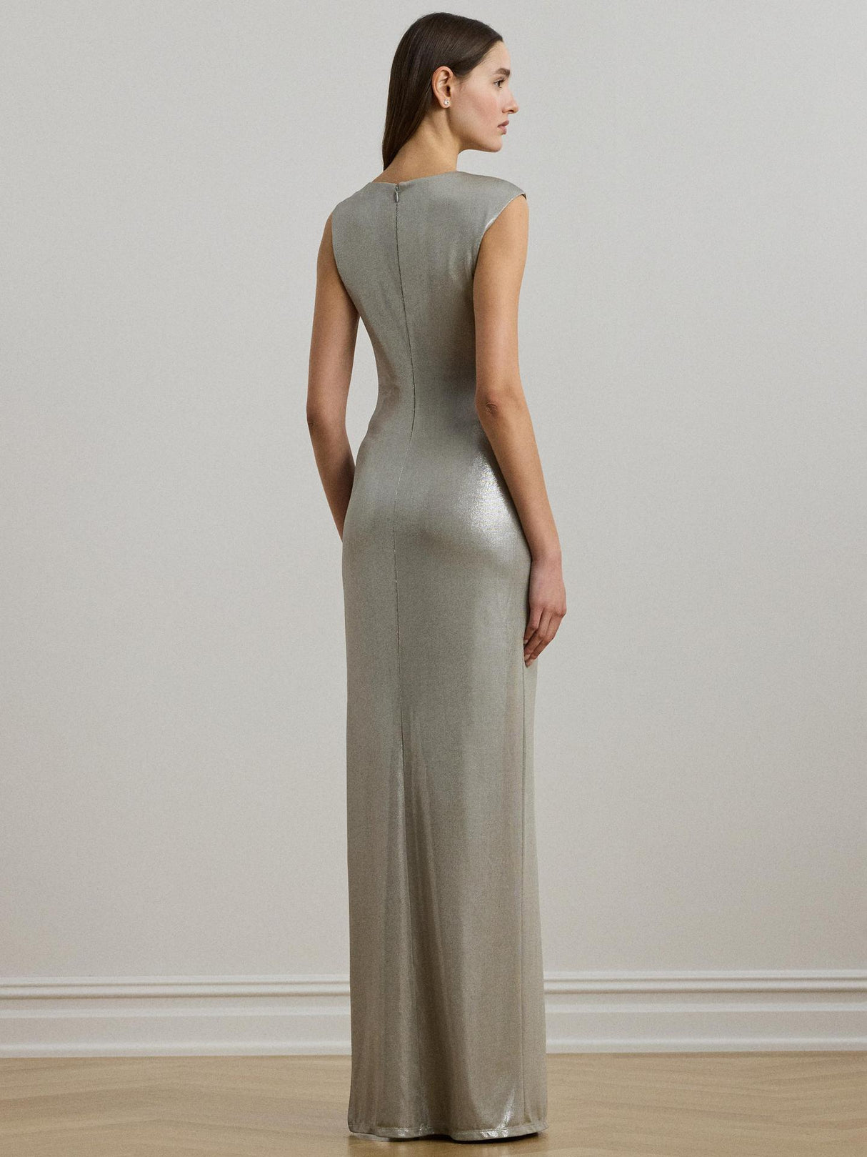 Ralph Lauren Keilly Sleeveless Metallic Maxi Dress Nickel/Silver Foil - 12