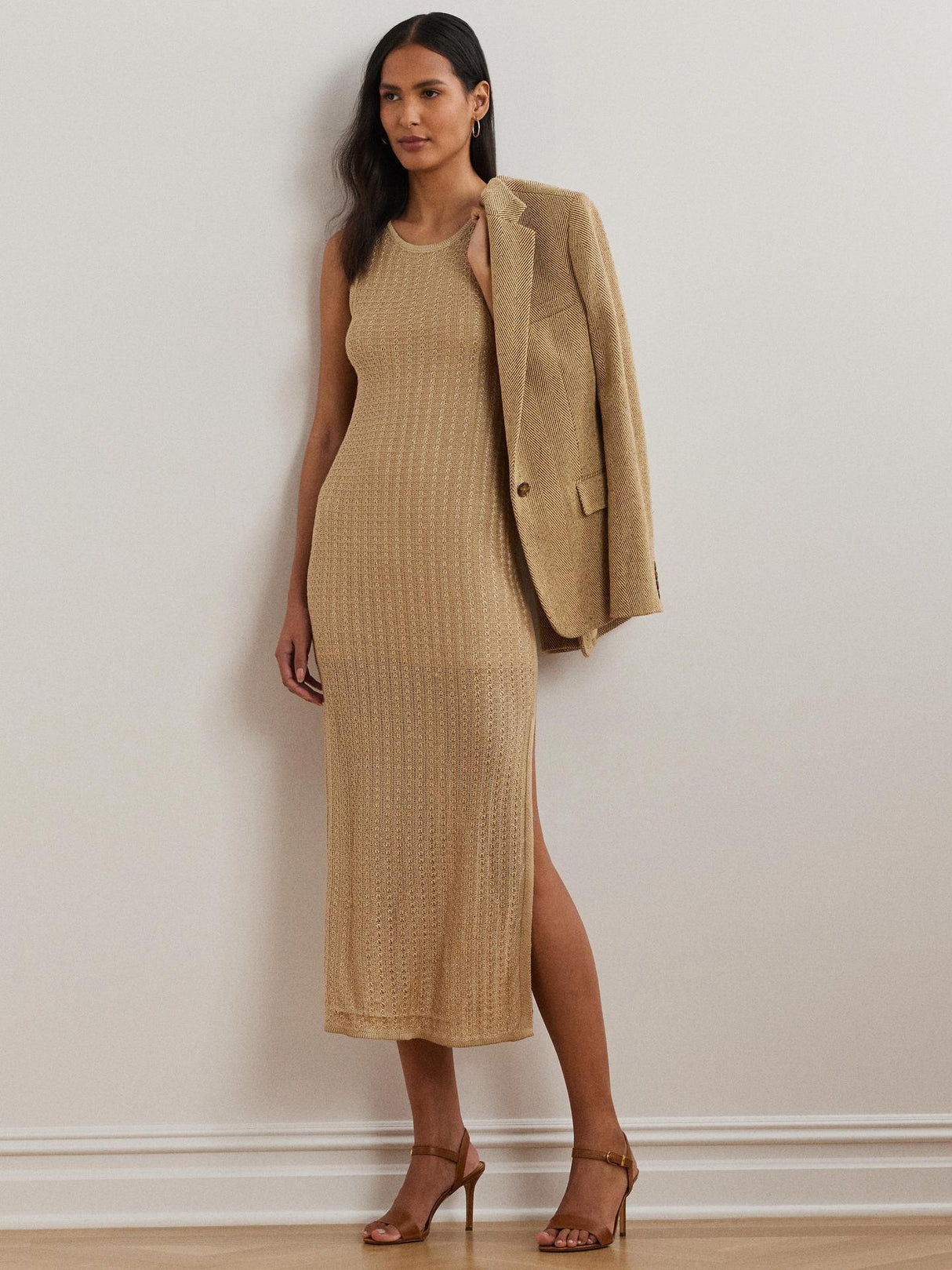 Ralph Lauren Womens Naylin Shimmer Pointelle Linen Rich Dress Sand - Size M