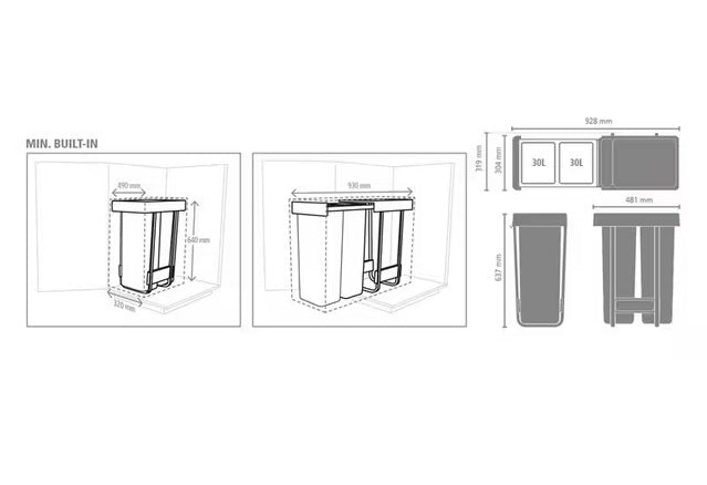 Brabantia Sort & Go 2 x 30L Built-in Under Sink Recycling Bin - Dark Grey