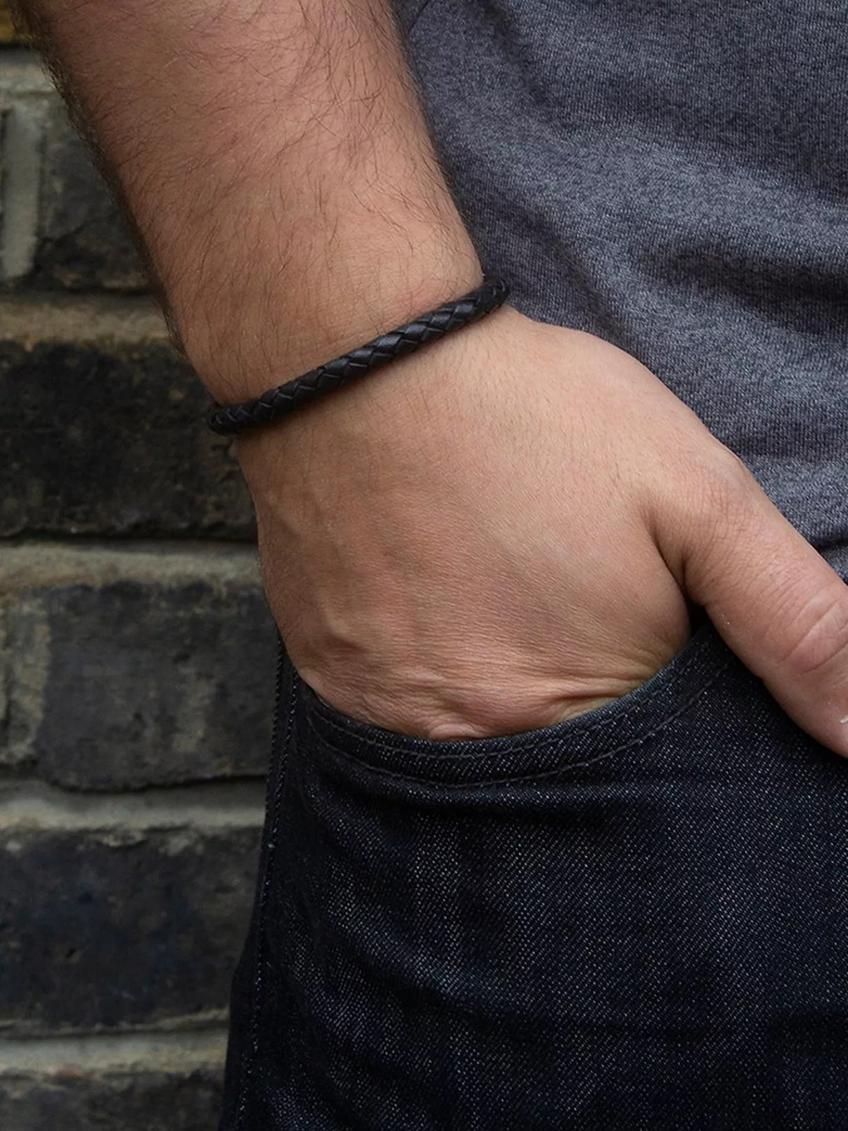 Hoxton London Men's Sapphire Braided Leather Hook Bracelet - Black/Silver