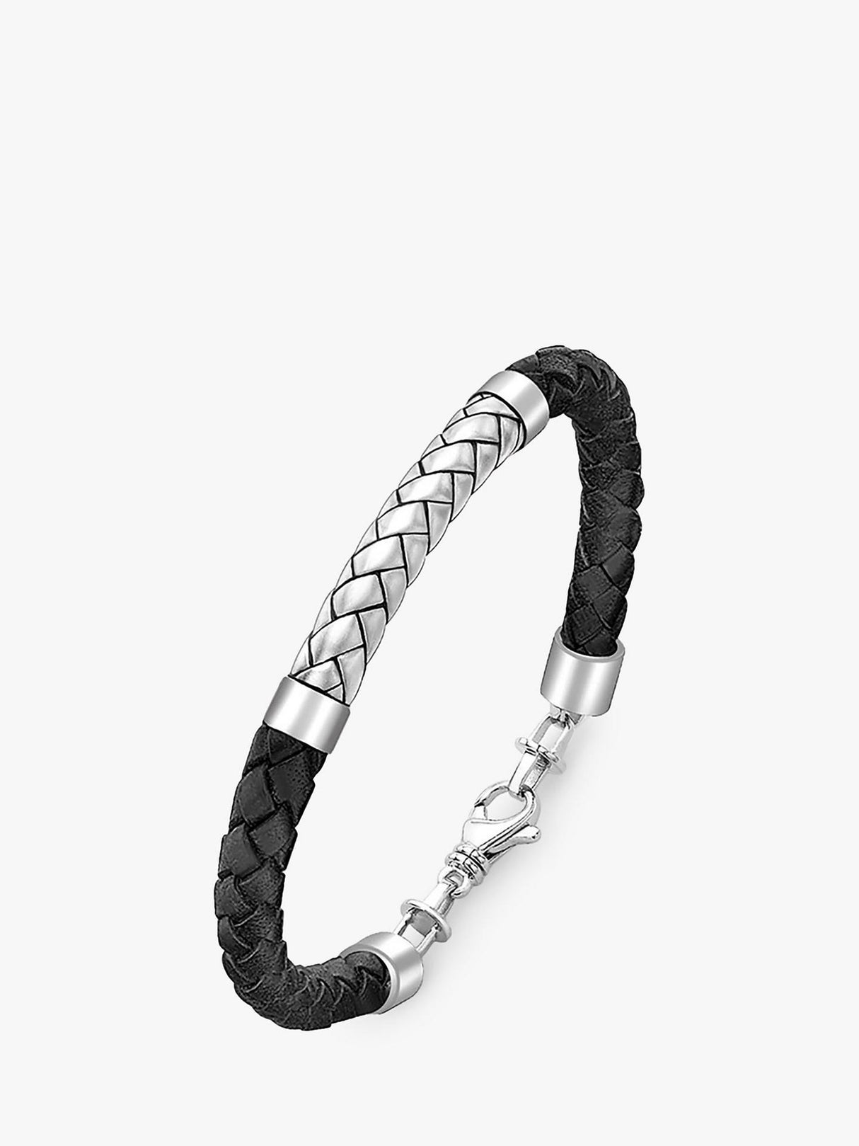Hoxton London Men Herringbone Braided Sterling Silver Leather Bracelet Black