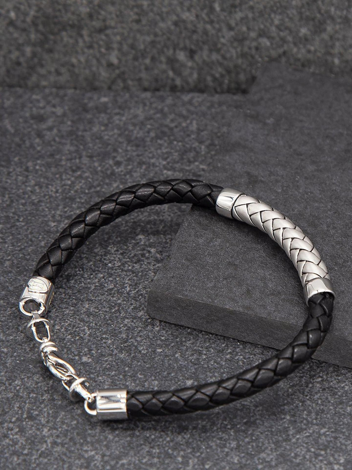 Hoxton London Men Herringbone Braided Sterling Silver Leather Bracelet Black