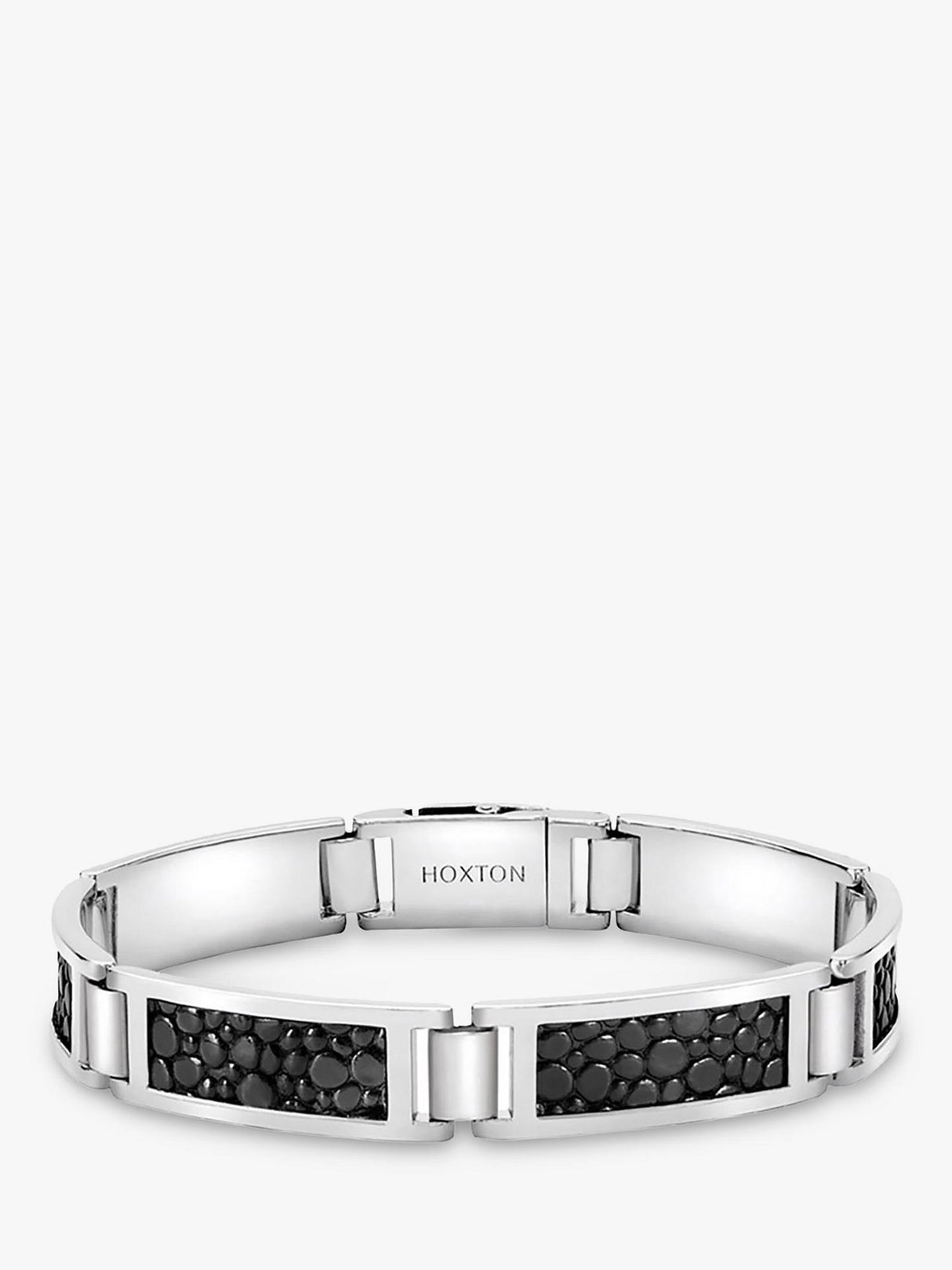 Hoxton London Men's Sterling Silver And Leather Inlay Link Bracelet - Black