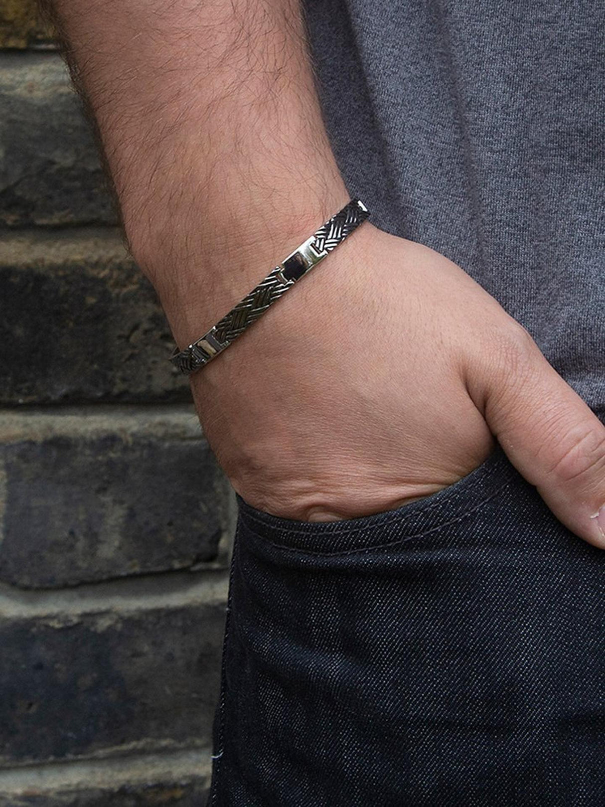 Hoxton London Men's Woven Pattern Oxidised Bar Link Bracelet Sterling Silver