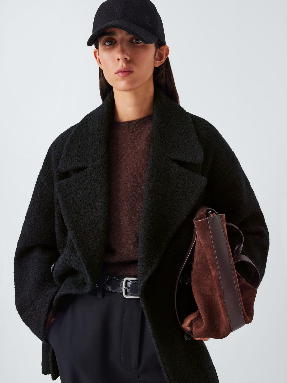 John Lewis Womens Double Breasted Boucle Plain Wool Coat Black - Size 20