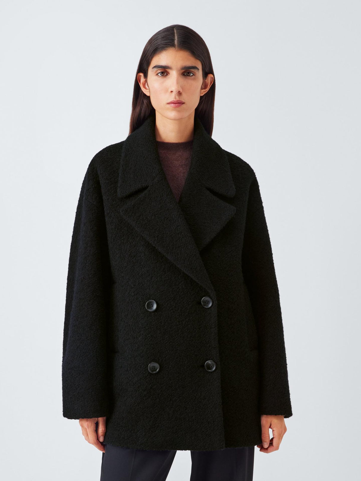 John Lewis Womens Double Breasted Boucle Plain Wool Coat Black - Size 20