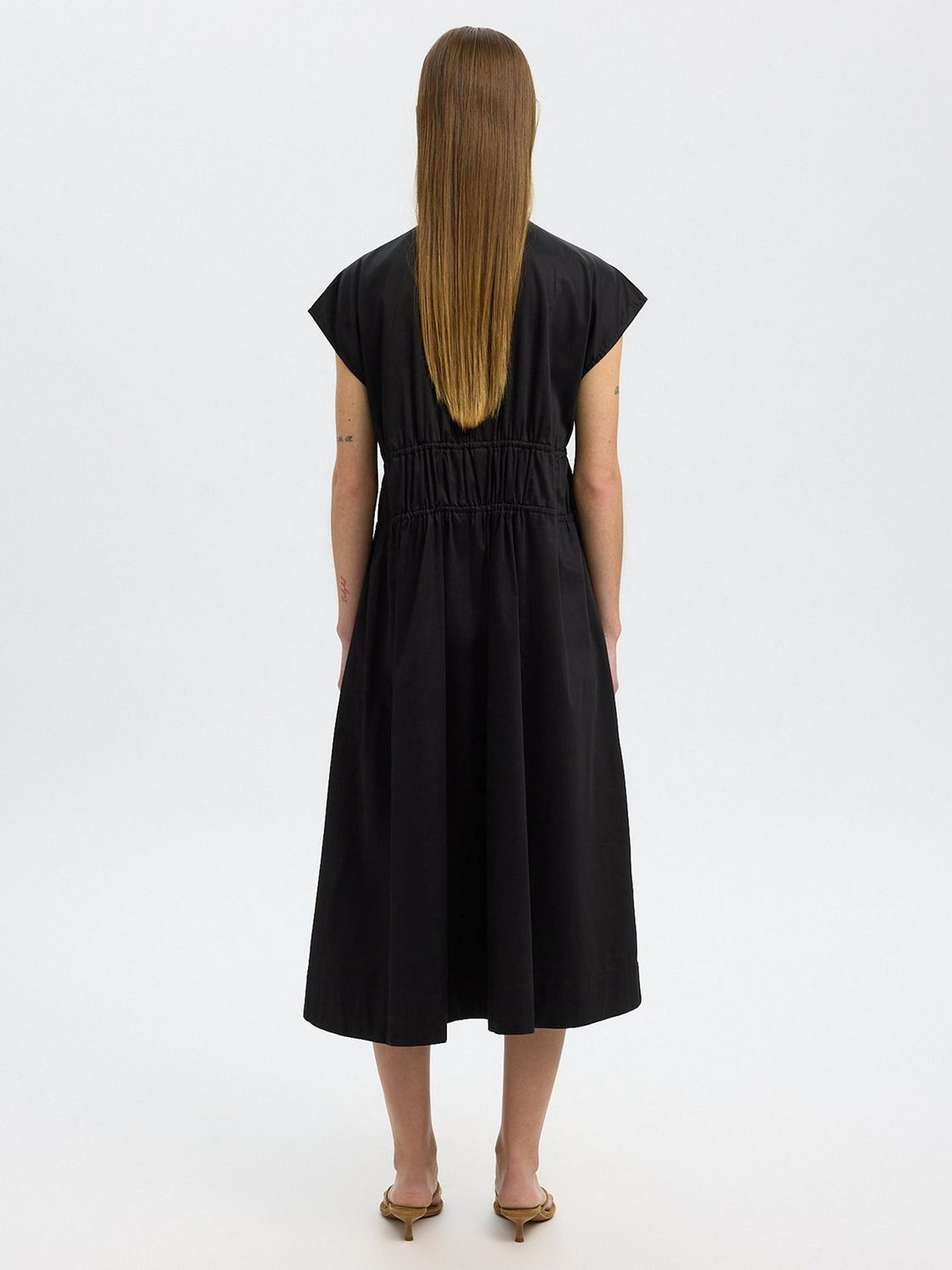 Selected Womens Regular Fit V-Neck Tie Cotton Midi Dress - Size 42 Black