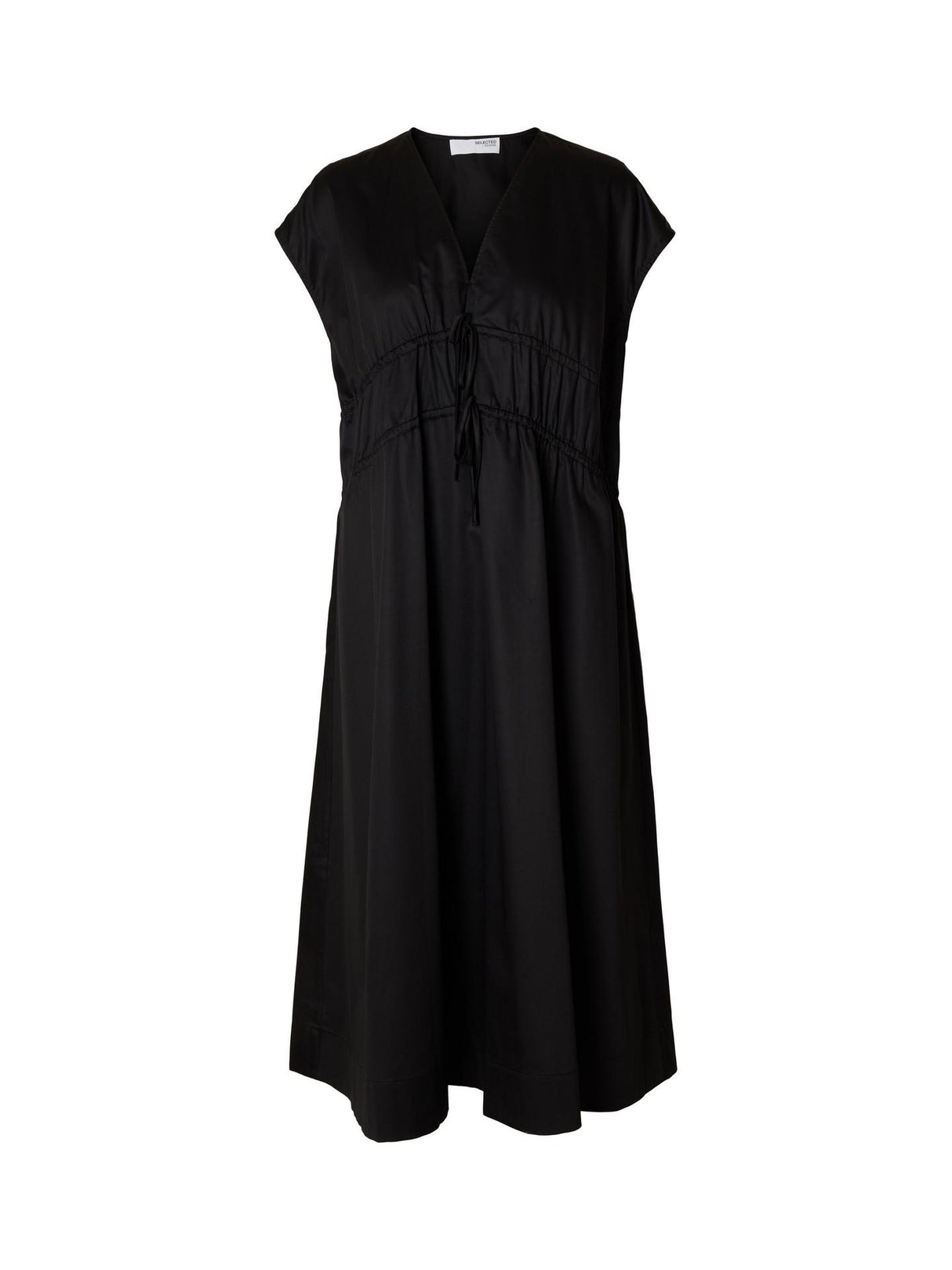 Selected Womens Regular Fit V-Neck Tie Cotton Midi Dress - Size 42 Black