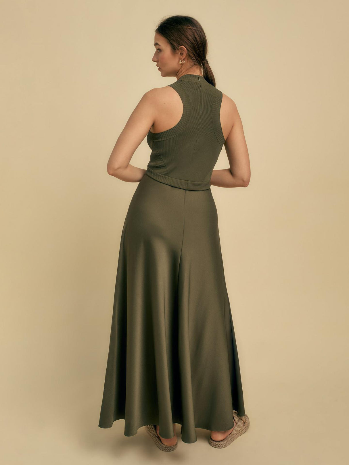 Florere Womens Rib Knit/Satin Regular Fit Sleeveless Midi Dress Khaki Size 8