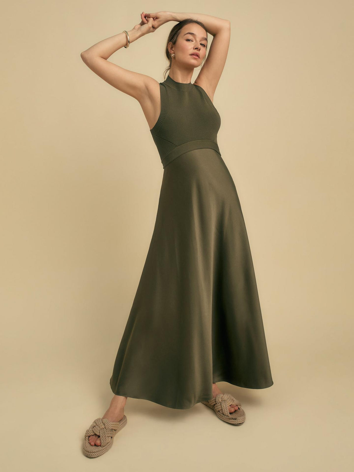 Florere Womens Rib Knit/Satin Regular Fit Sleeveless Midi Dress Khaki Size 8