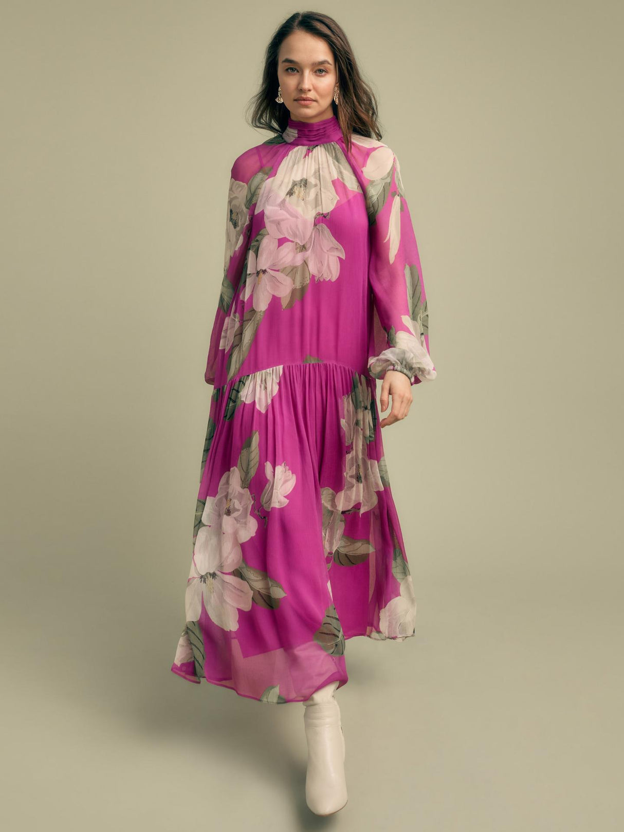 Florere Oriental Bloom Womens Tie Neck Tiered Midi Dress Multi - Size 12