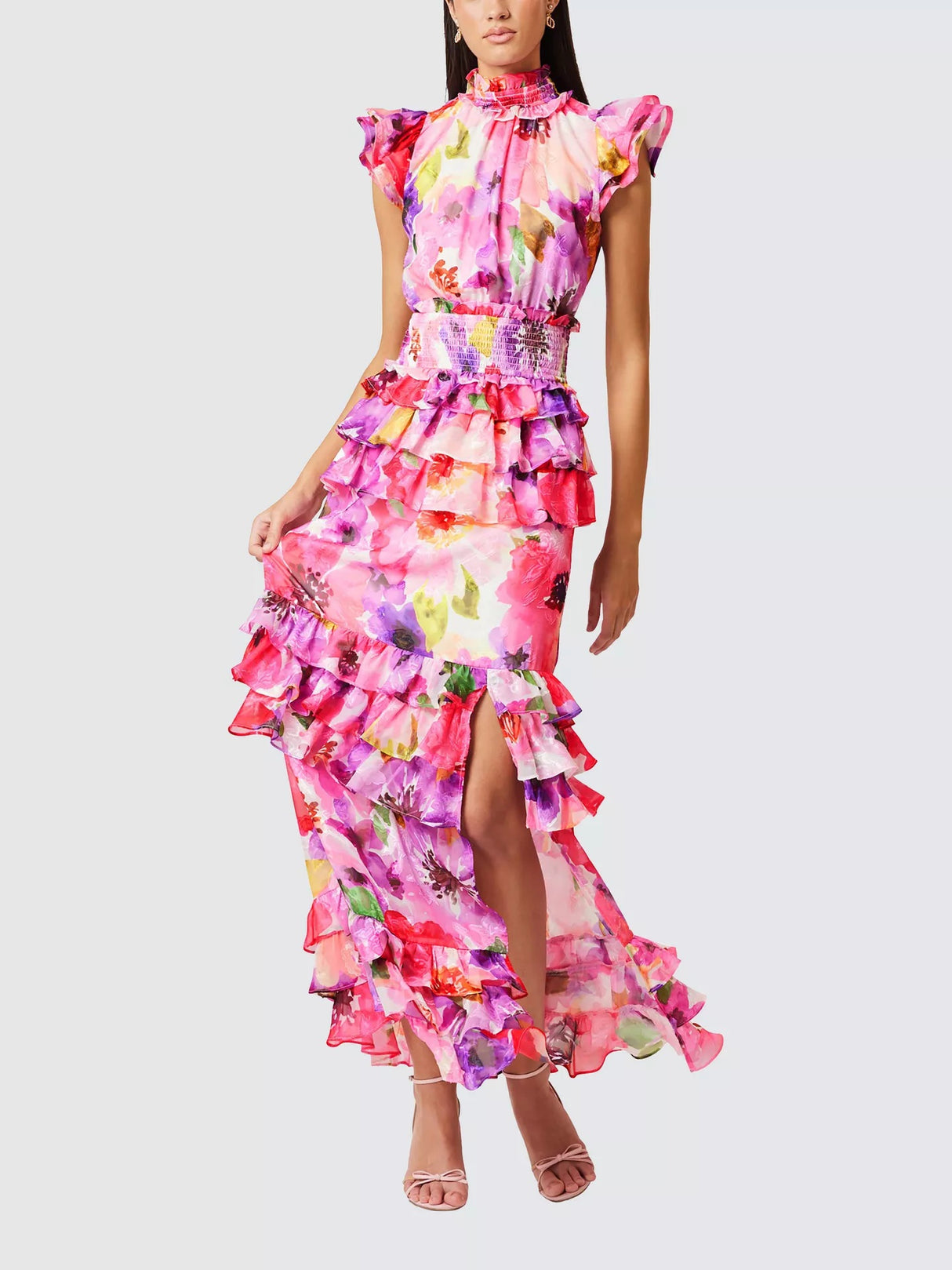 Elliatt Darra Floral Ruffle High Neck A-line Maxi Dress - Pink/Multi - M