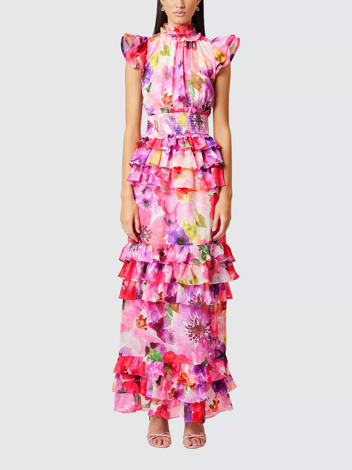 Elliatt Darra Floral Ruffle High Neck A-line Maxi Dress - Pink/Multi - M