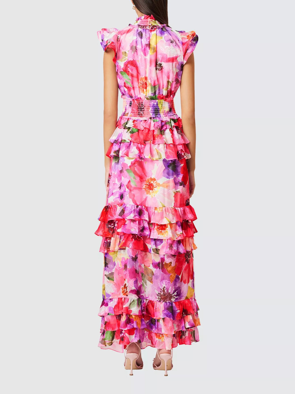 Elliatt Darra Floral Ruffle High Neck A-line Maxi Dress - Pink/Multi - M