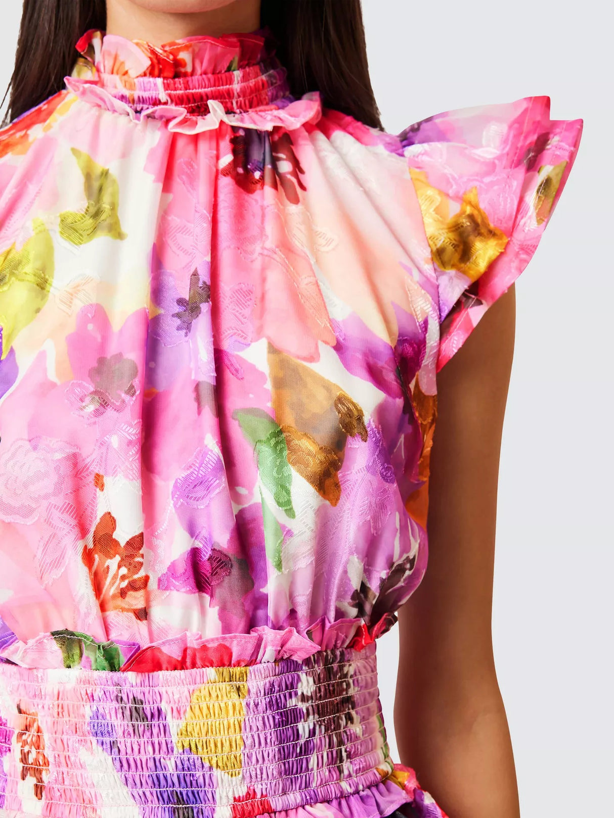 Elliatt Darra Floral Ruffle High Neck A-line Maxi Dress - Pink/Multi - M