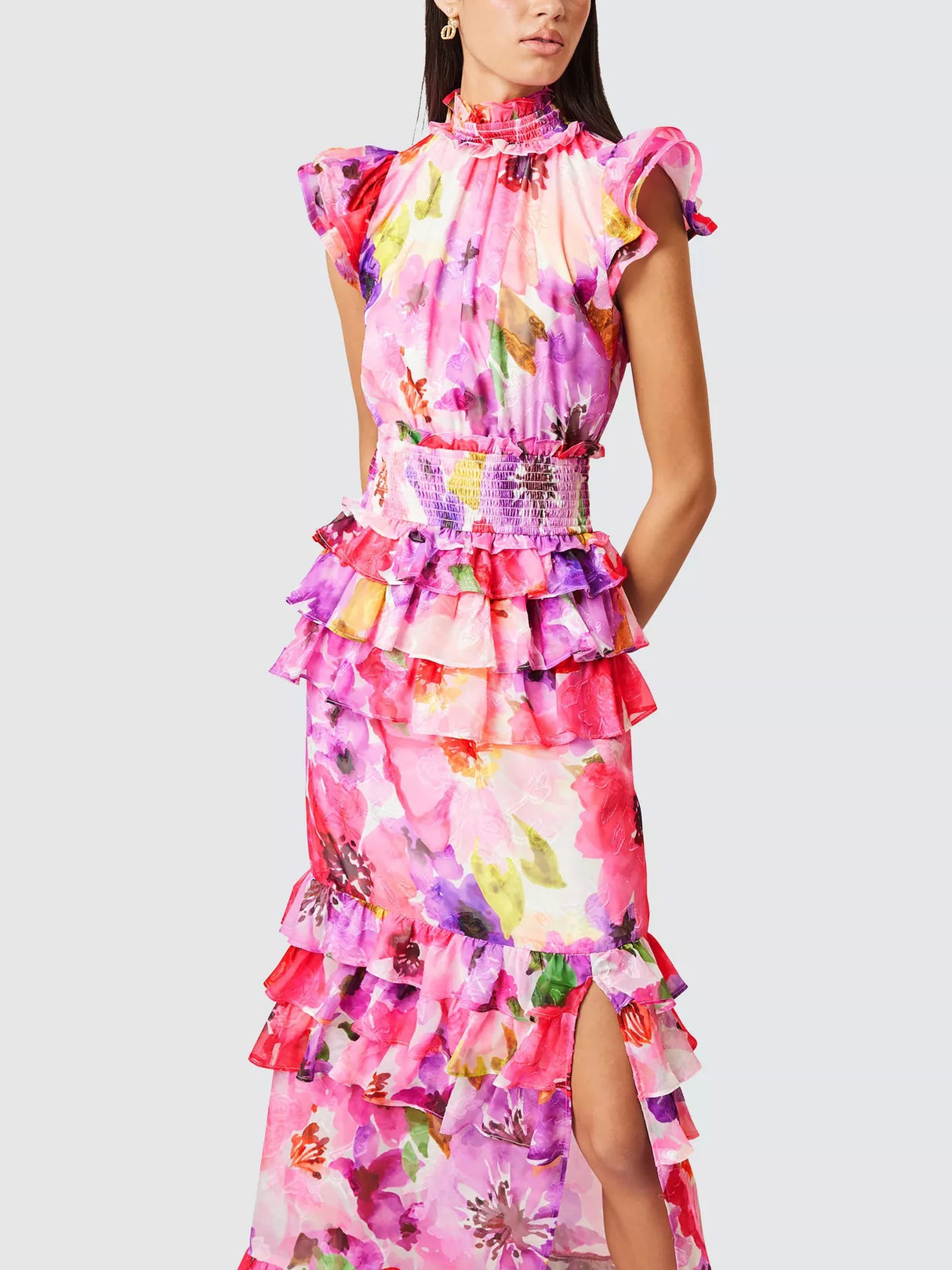 Elliatt Darra Floral Ruffle High Neck A-line Maxi Dress - Pink/Multi - M