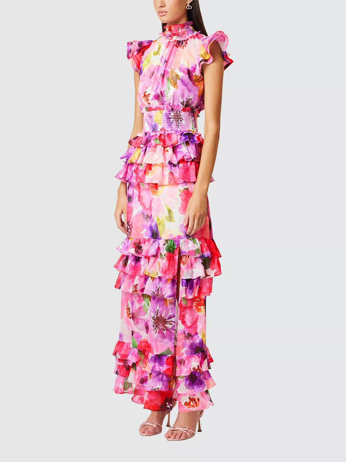 Elliatt Darra Floral Ruffle High Neck A-line Maxi Dress - Pink/Multi - M