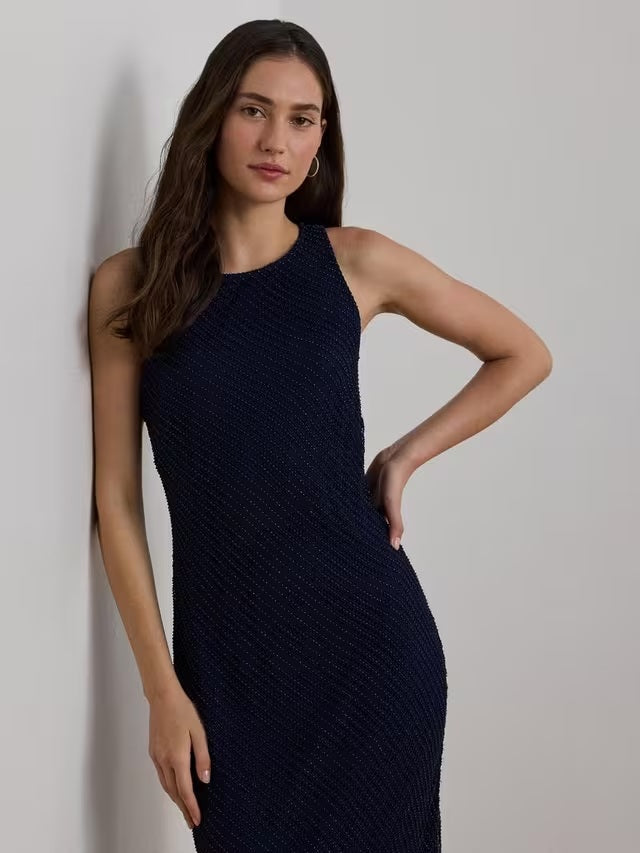 Ralph Lauren Zakaria Beaded Mesh Sleeveless Column Dress - Navy - UK 10