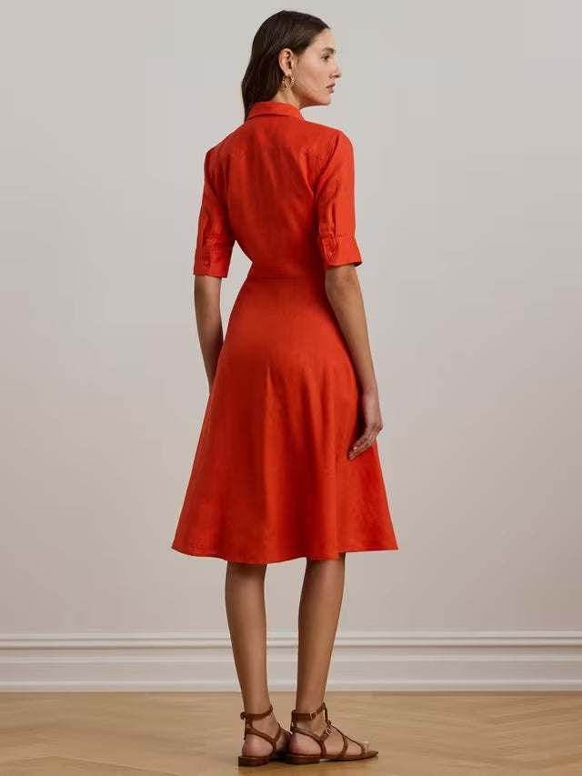 Ralph Lauren Wakana Tie Waist Linen Midi Classic Shirt Dress - Orange UK 18