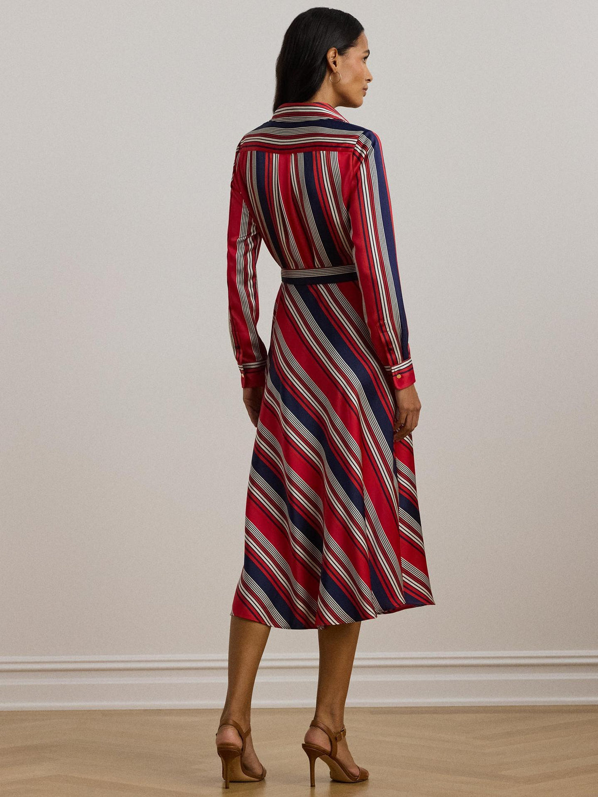 Ralph Lauren Womens Rowella Polyester Satin Stripe Wrap Midi Shirt Dress 12