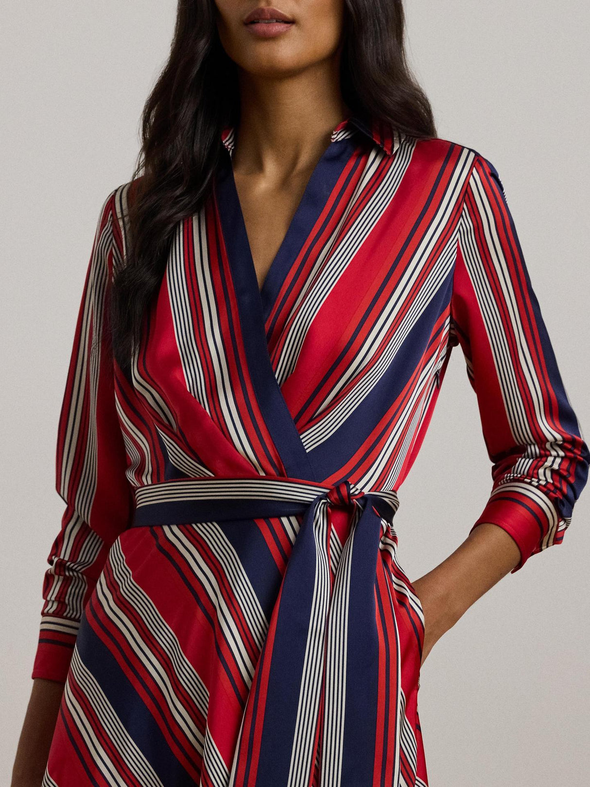 Ralph Lauren Womens Rowella Polyester Satin Stripe Wrap Midi Shirt Dress 12