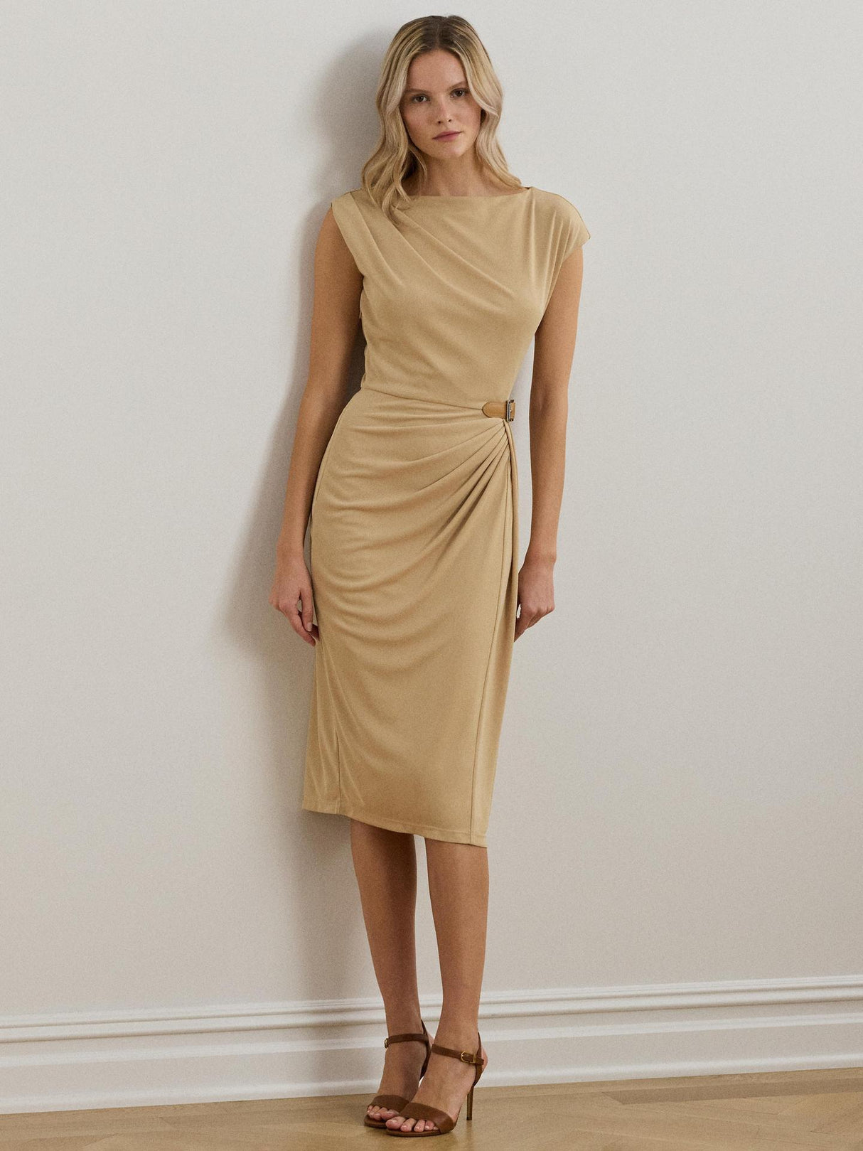 Ralph Lauren Womens Brecka Drape Polyester Jersey Dress Sand Dune - Size 10