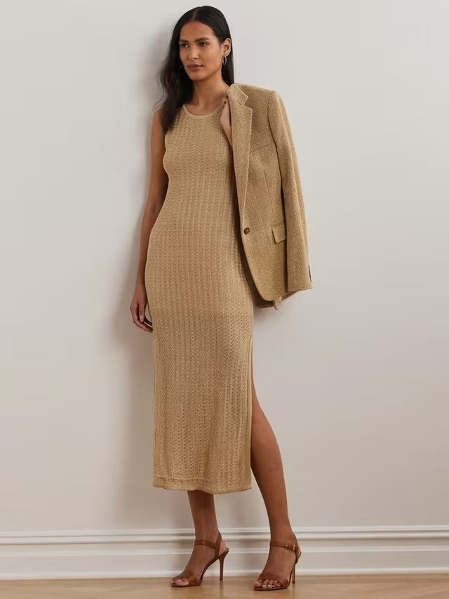 Ralph Lauren Naylin Shimmer Pointelle Linen Rich Midi Dress - Sand - XL