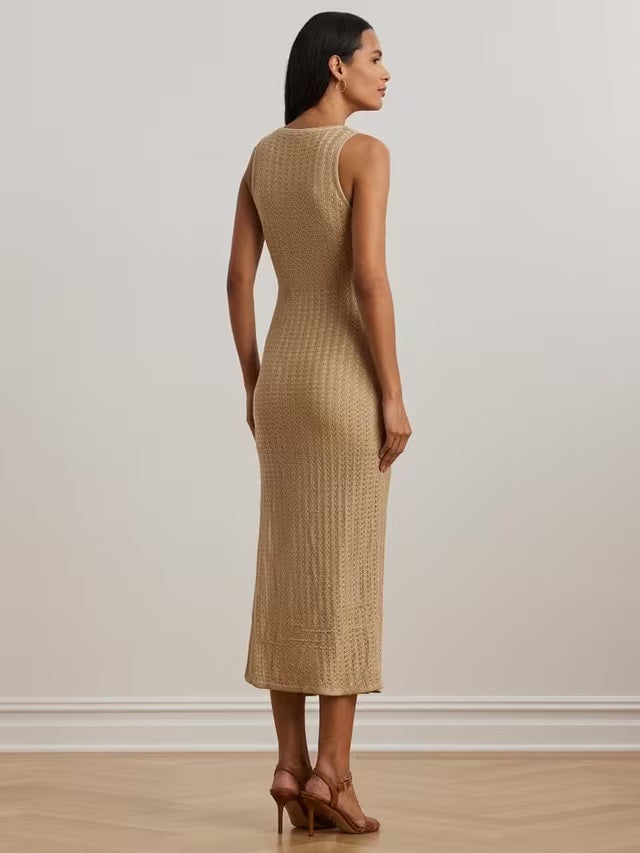 Ralph Lauren Naylin Shimmer Pointelle Linen Rich Midi Dress - Sand - XL