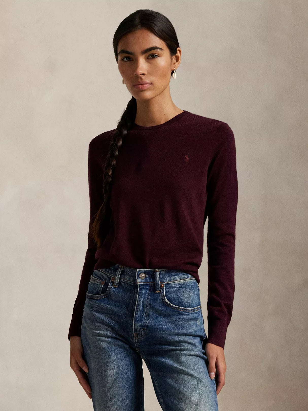 Ralph Lauren Women's Crew Neck Loose Fit Pure Wool Jumper - Burgundy - XL