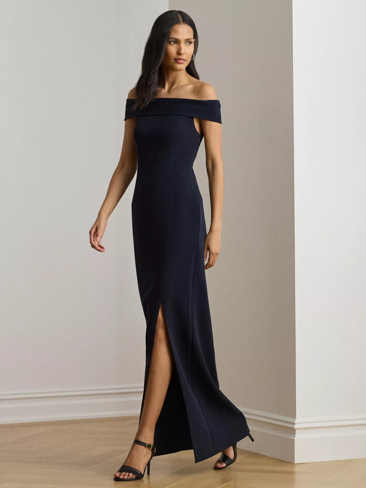 Ralph Lauren Adlar Crepe Off Shoulder Ball Gown Maxi Dress - Navy - UK 14