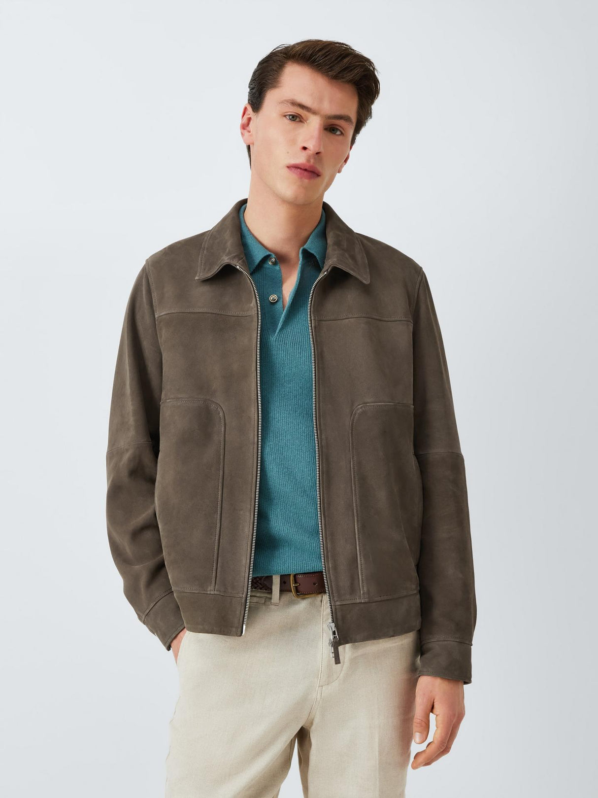 John Lewis Mens Natural Suede Regular Fit Bomber Jacket Dark Khaki - Size XL