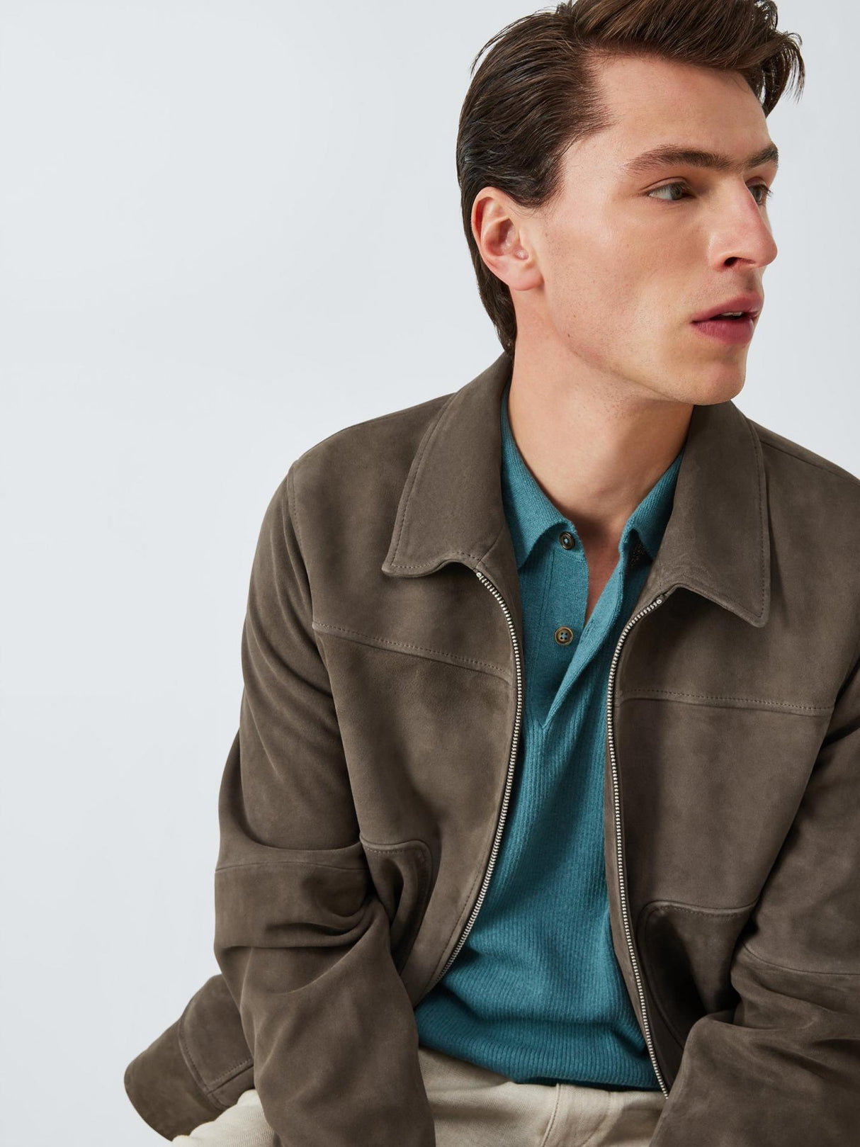 John Lewis Mens Natural Suede Regular Fit Bomber Jacket Dark Khaki - Size XL