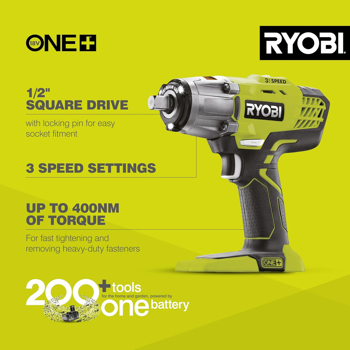 Ryobi ONE+ 3-Speed Cordless Impact Wrench 18V R18IW3-0 Tool Only - Green