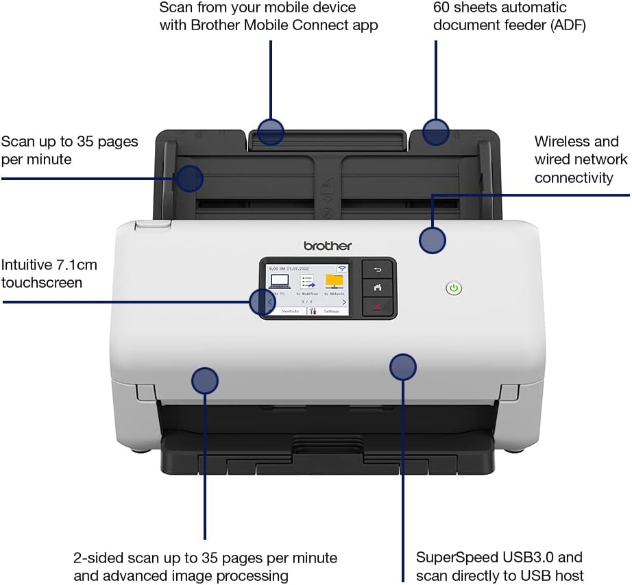 Brother ADS4500WZU1 Touchscreen Wired/Wireless Desktop Document Scanner