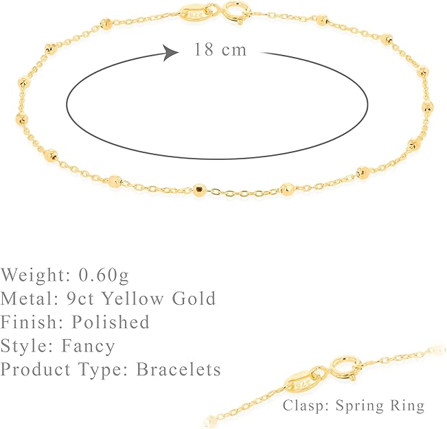 IBB Women's 9ct Yellow Gold Diamond Cut Ball Trace Chain Bracelet 18cm/7''
