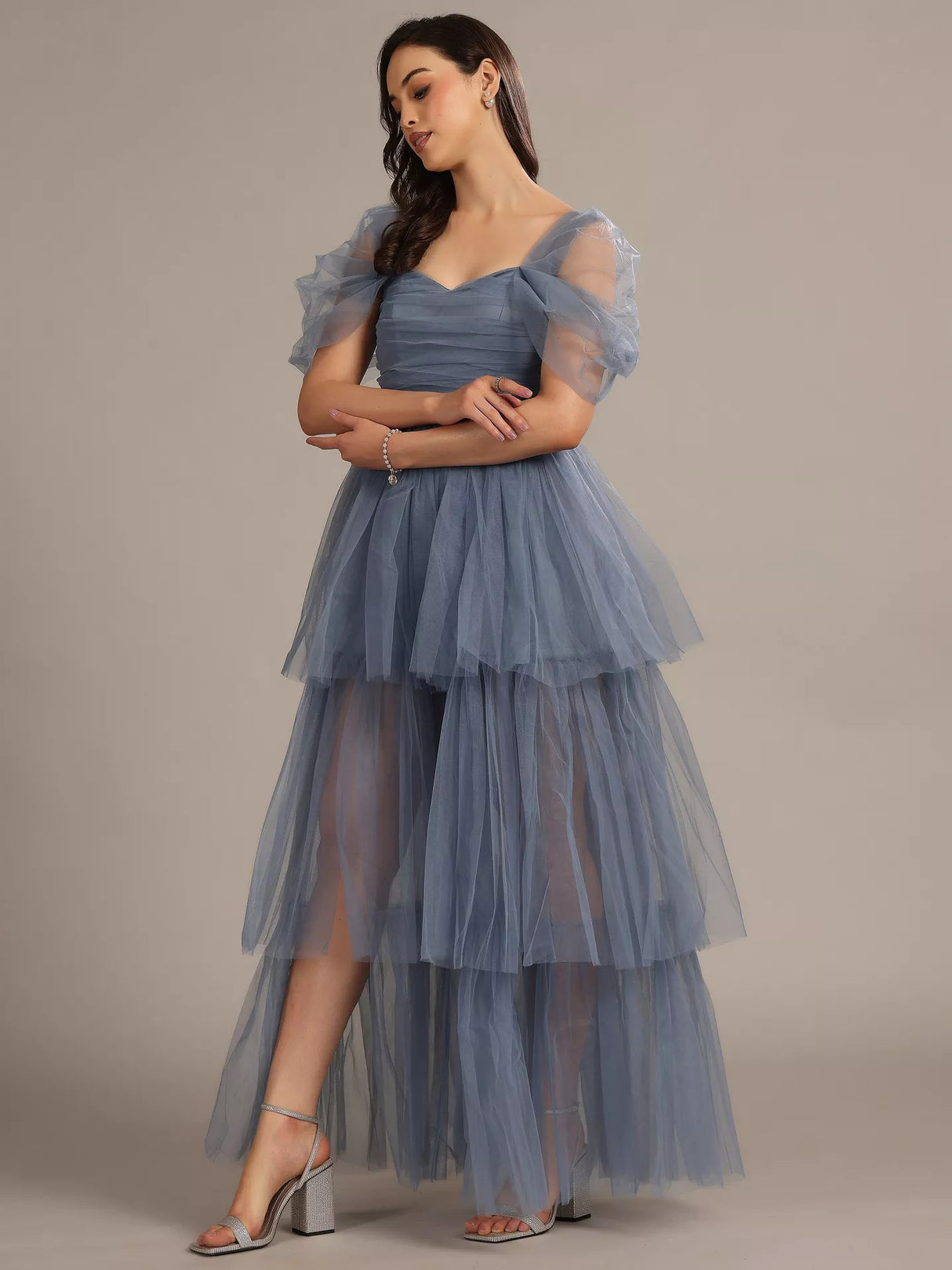 Lace & Beads Sydney Off Shoulder Tulle Tiered Maxi Dress UK 10 - Dusty Blue