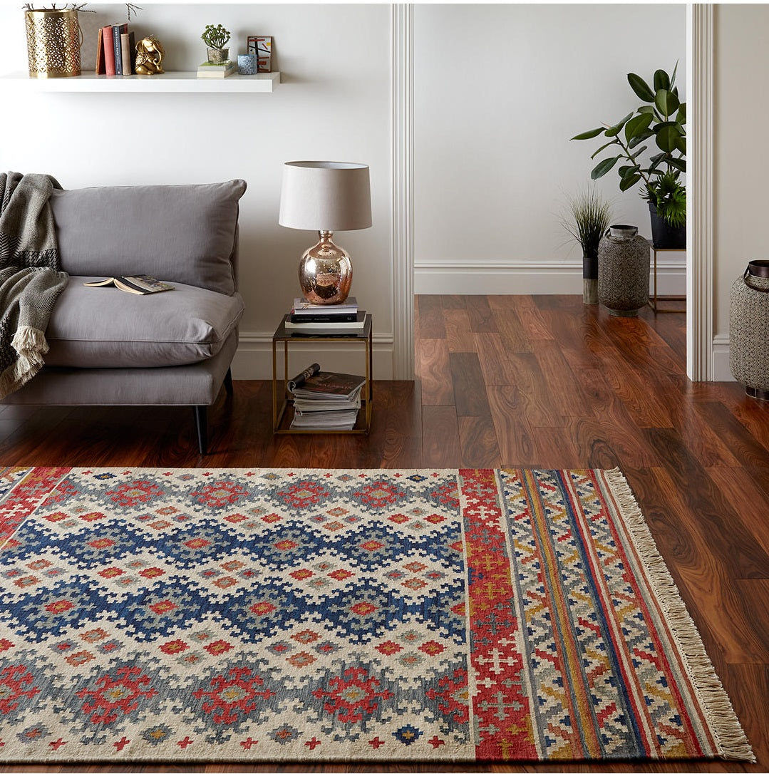 John Lewis Fusion 100% Wool Pile Souk Kelim Rug L240 x W170 - Blue