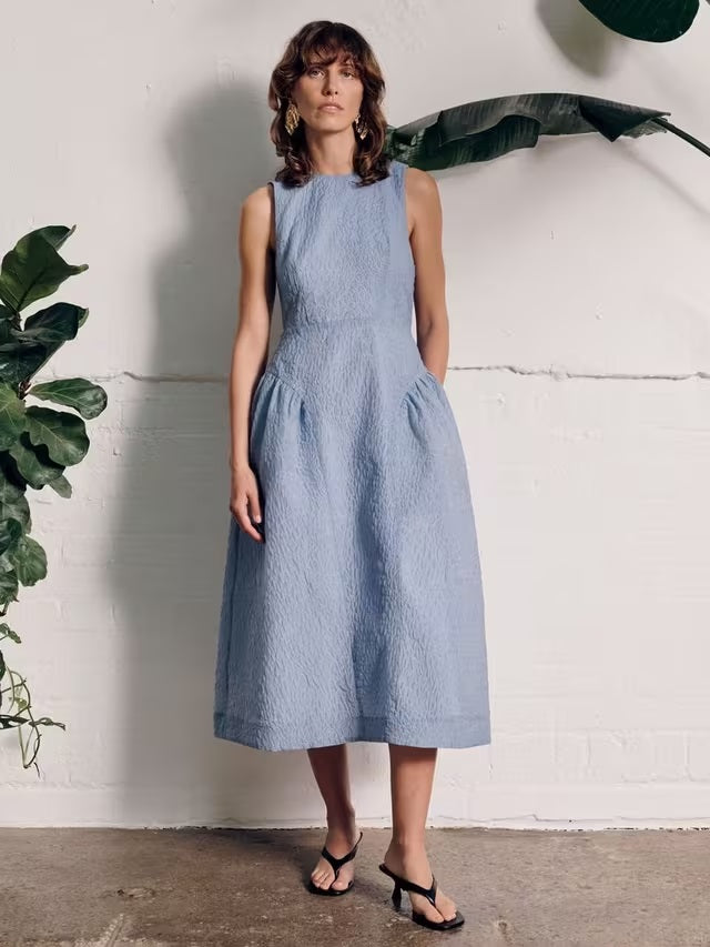 VIVERE Pippa Bow Back Midi Sleeveless Occasion Dress - Light Blue - UK 8