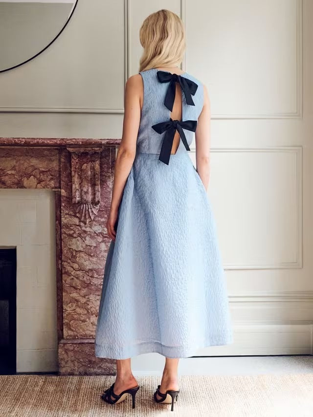 VIVERE Pippa Bow Back Midi Sleeveless Occasion Dress - Light Blue - UK 8