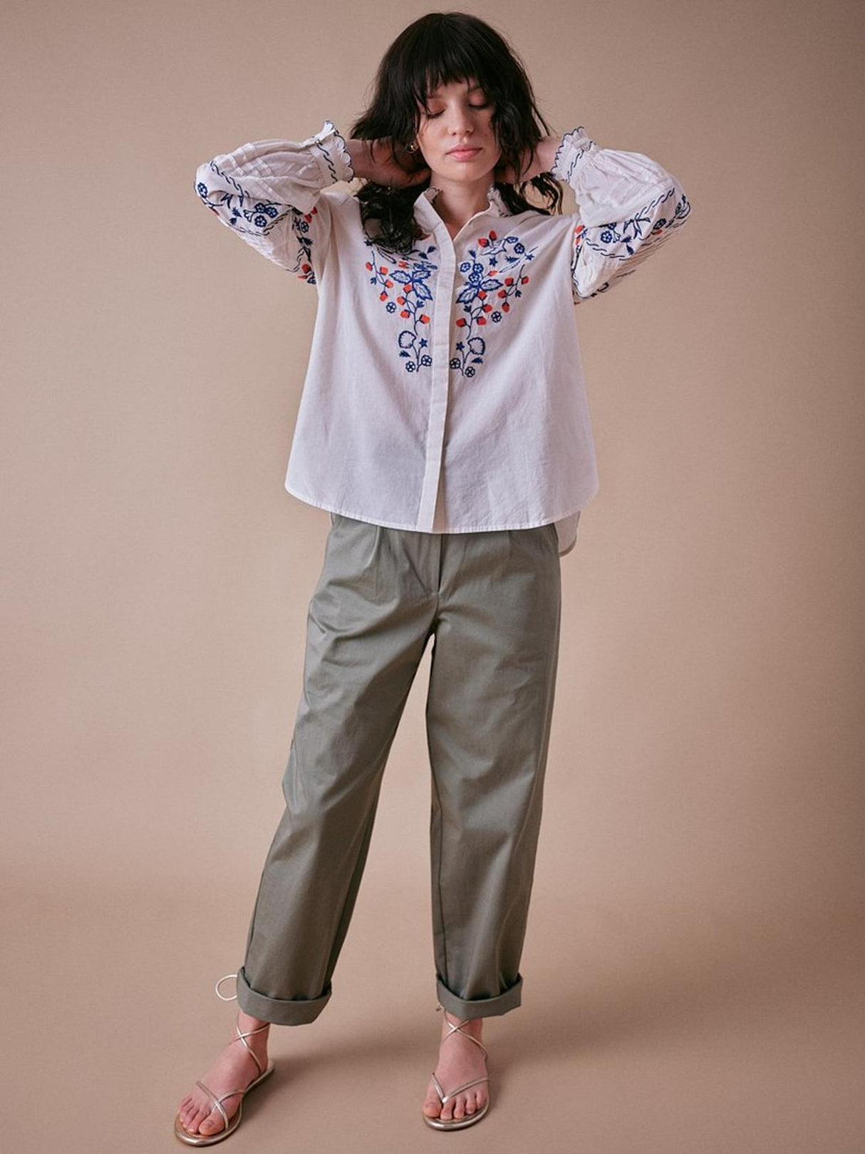 Cape Cove Womens Wild Strawberries & Cream Cotton Top Egrey Ivory - Size S