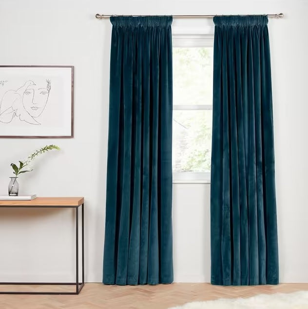 John Lewis Velvet Pair Lined Pencil Pleat Curtains W228 x Drop 228cm - Teal