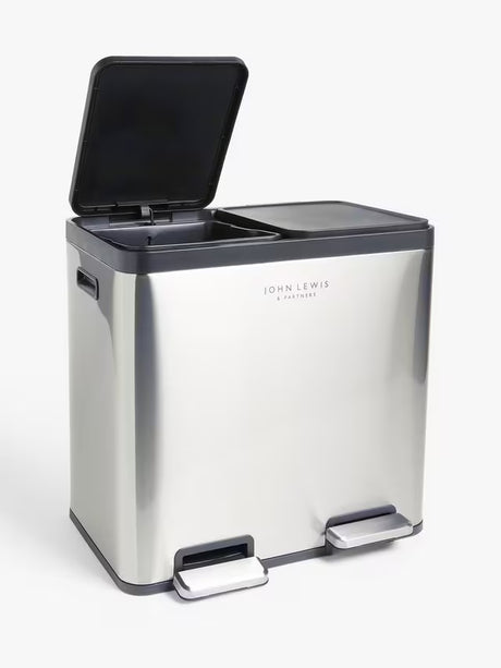 John Lewis 2 Section 60L Recycling Pedal Bin with Handles - Stainless Steel