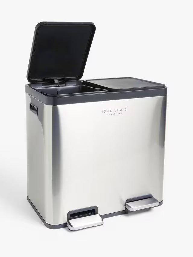 John Lewis 2 Section 60L Recycling Pedal Bin with Handles - Stainless Steel - Kazoop